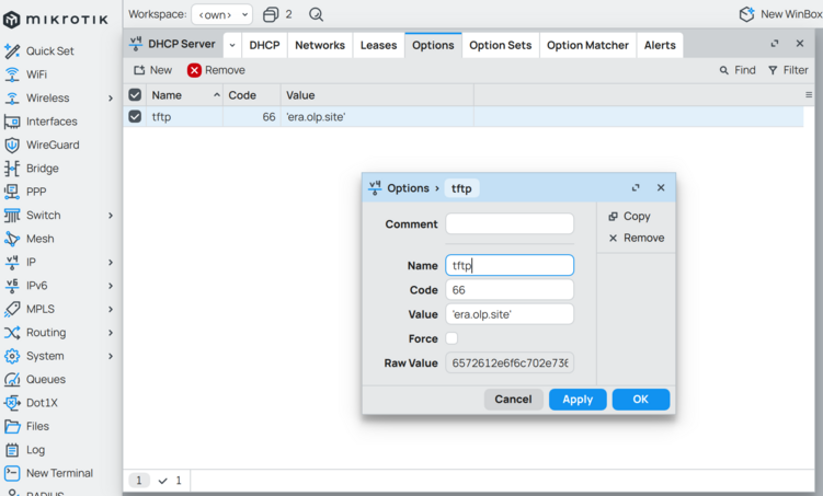 Опция 66 для DHCP